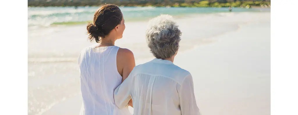 Two women walking on a beach