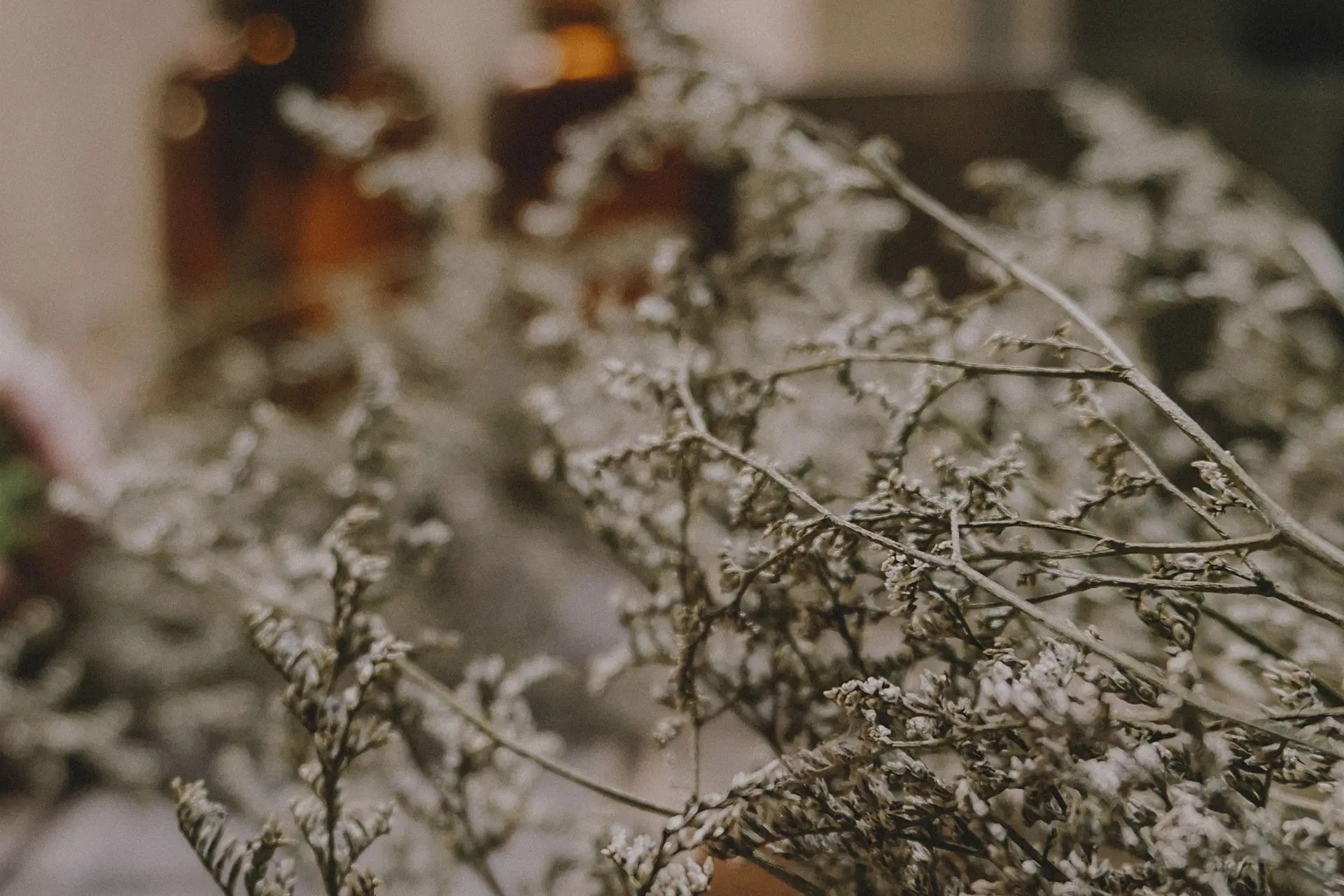 Delicate, dry sage-green leaves are scattered in the foreground, with blurred amber glass bottles in the background. The scene conveys a rustic and calm atmosphere
