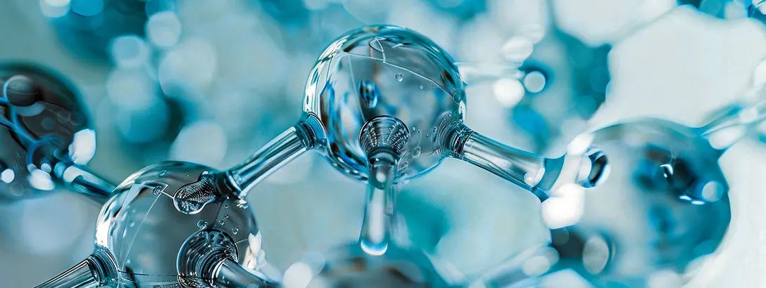 Close-up of a molecular structure with interconnected spheres and rods, predominantly in shades of blue. The image conveys a scientific and modern aesthetic, highlighting clear details of the molecules and their connections.