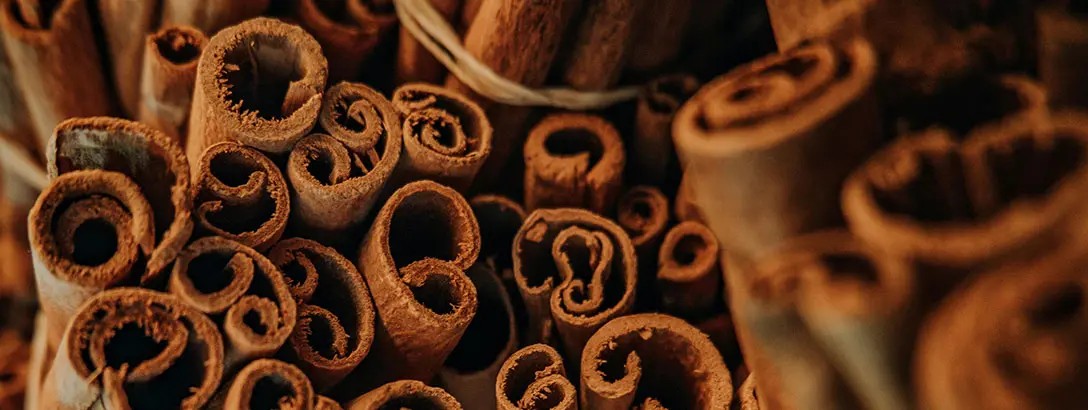 A close-up of rolled cinnamon sticks stacked together, showcasing their spiral shapes and rich brown tones. The image conveys an earthy and warm mood, suggesting a connection to cooking or baking.