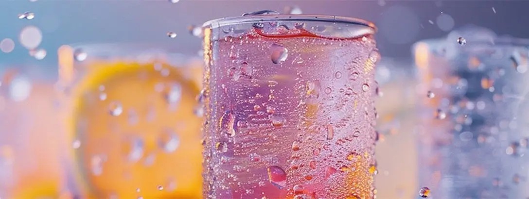A close-up image of vibrant drinks in clear glasses, featuring refreshing bubbles and droplets of water. The background displays soft blue and pink hues, creating an uplifting, summery mood.