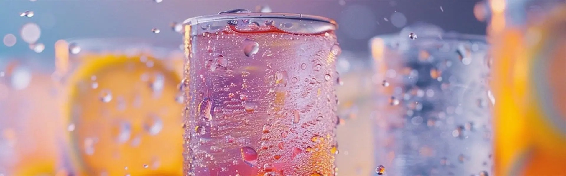 A close-up image of vibrant drinks in clear glasses, featuring refreshing bubbles and droplets of water. The background displays soft blue and pink hues, creating an uplifting, summery mood.